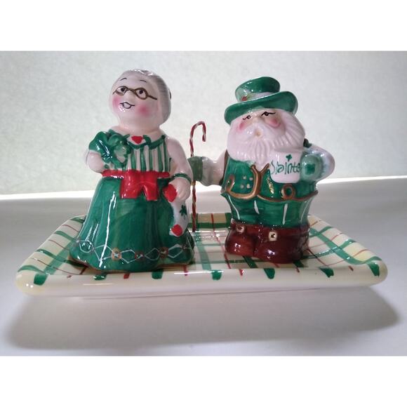 Irish Santa Claus Other - Irish Santa Claus Salt and Pepper Shaker Set With Plate Base Miss Claus Green